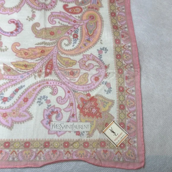 Yves Saint Laurent Pink and Cream Paisley Handkerchief Scarf 18x18in - Picture 5 of 9